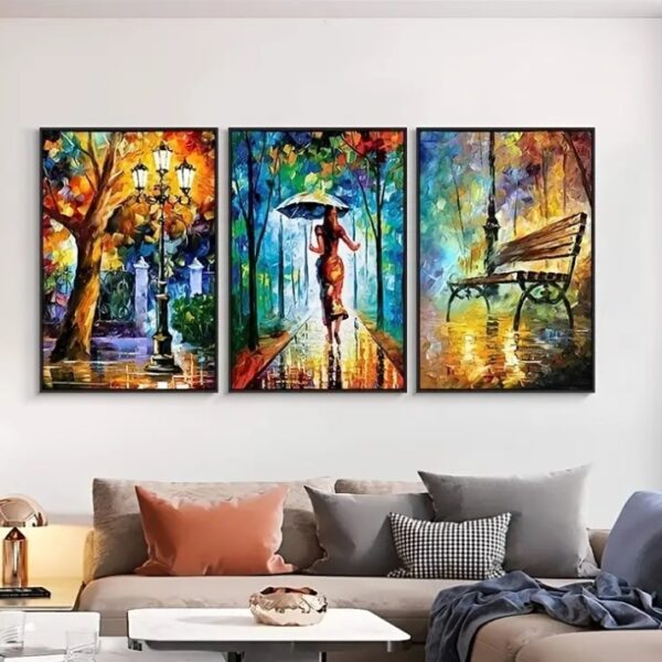 3pcs Abstract Aall Art Canvas Paintings, Posters And Prints, Forest, Street, Rainy Pictures, For Living Room Home Decor